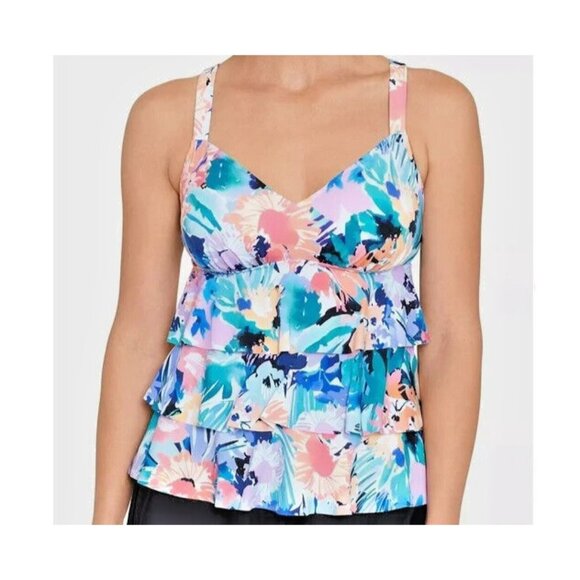 Swim Solutions Triple Tier Colorful Floral Printed Tankini Swim Top, US 8 NWT - Picture 5 of 9